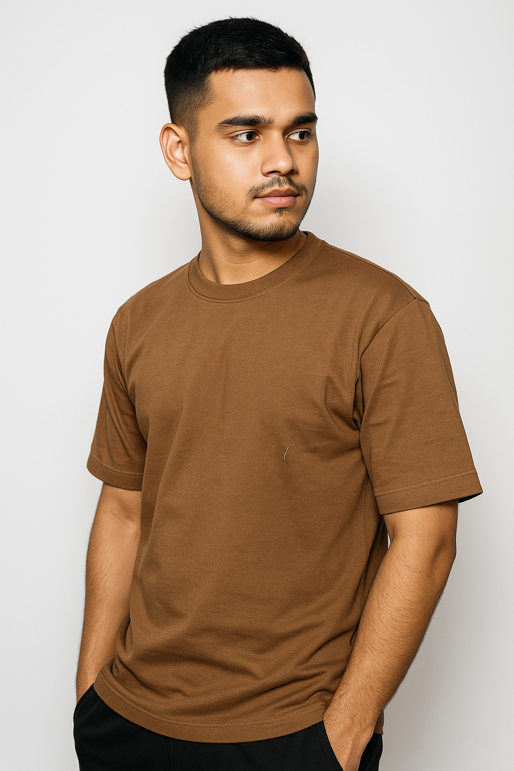 Man wearing a brown t-shirt against a white background