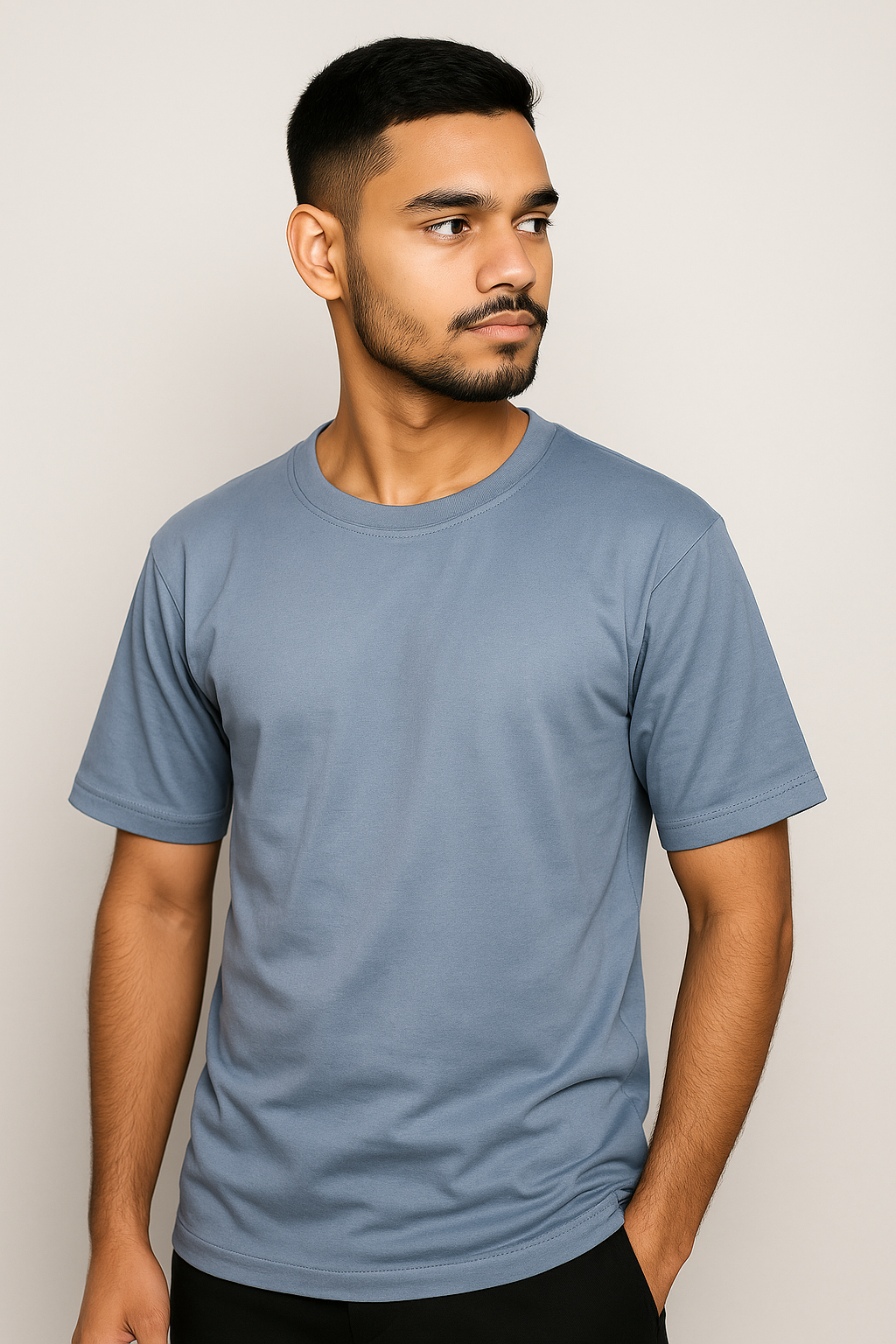 Plain Round Neck Solid Slate Blue Tee