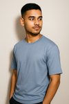 Plain Round Neck Solid Slate Blue Tee