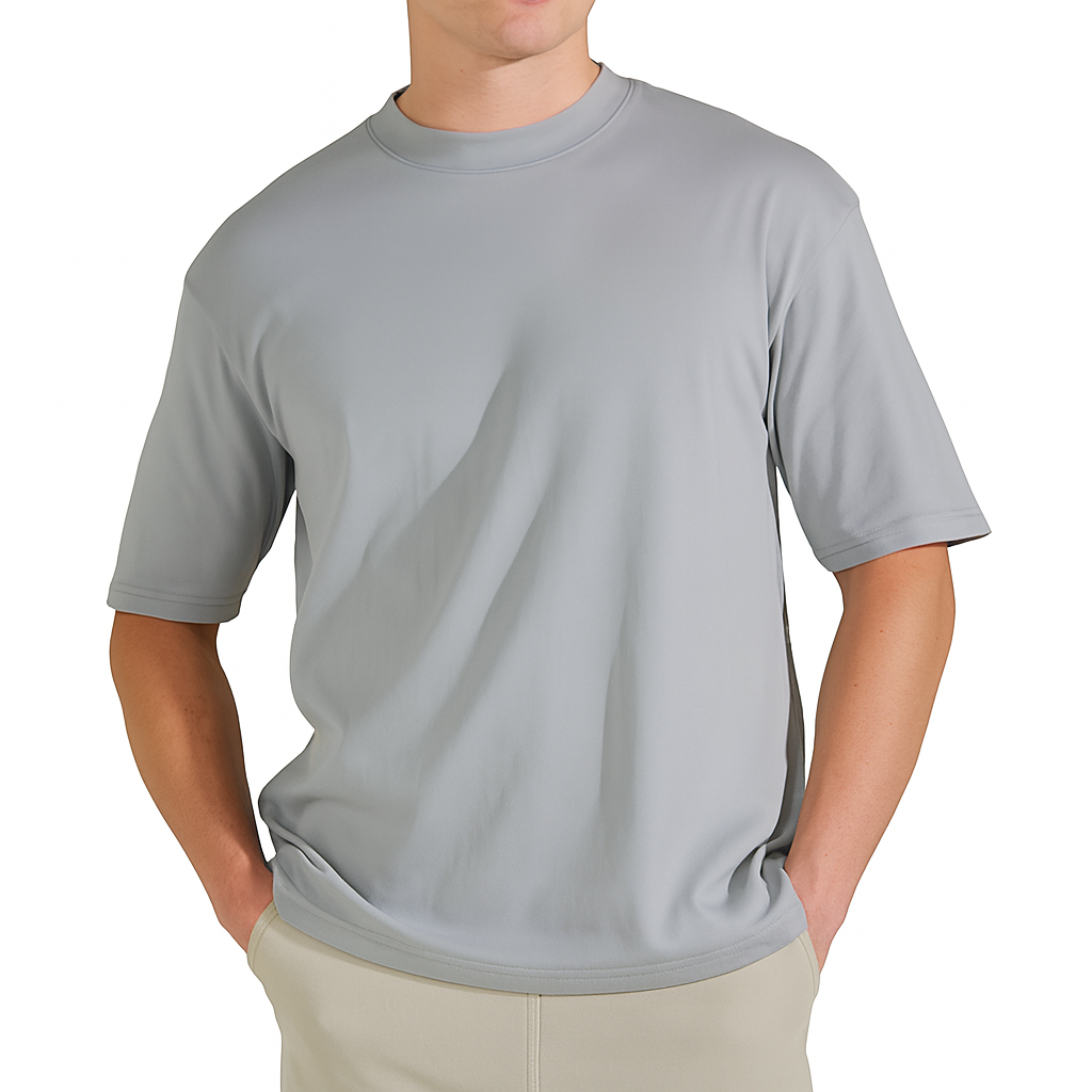 Person wearing a gray t-shirt on a white background