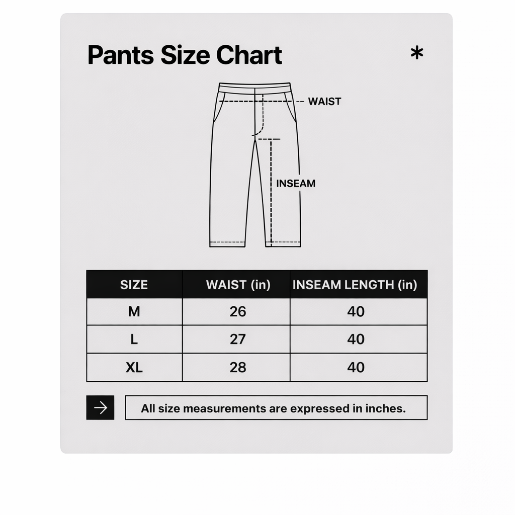 Pants size chart with measurements on a white background