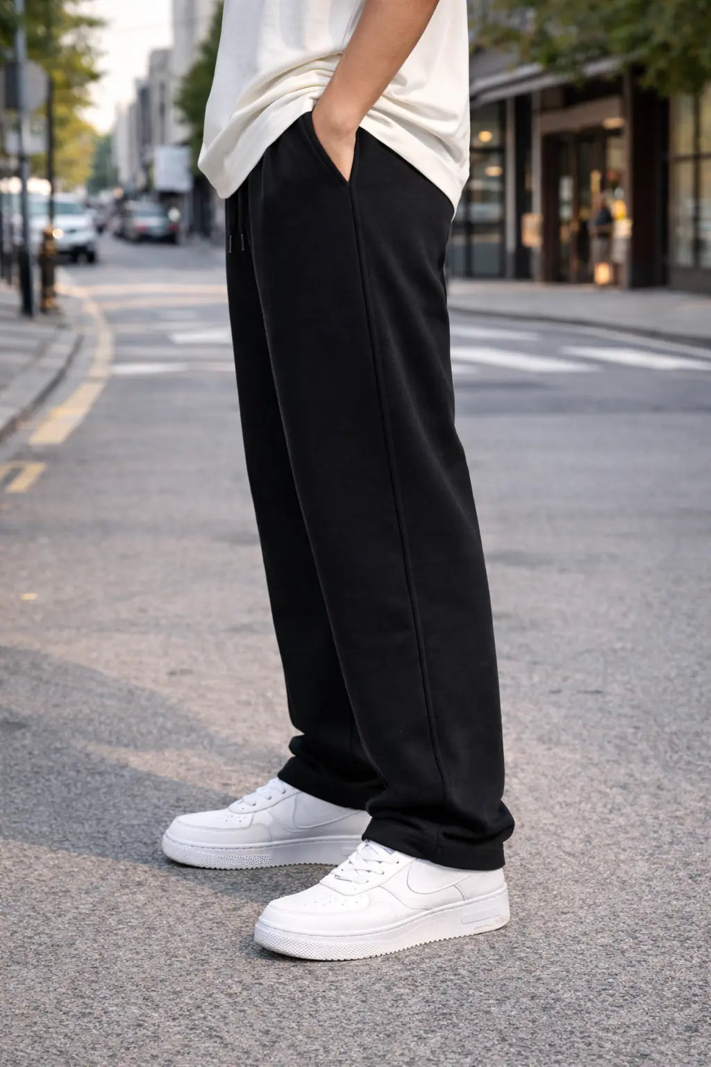 Person wearing black pants and white sneakers on a city street.